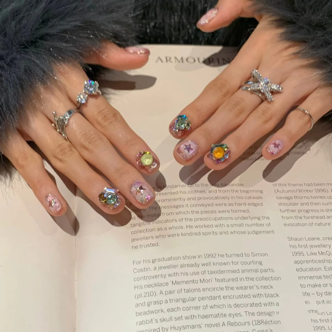 Artistic Press-On Nail Set with Gemstone Accents Stornfield