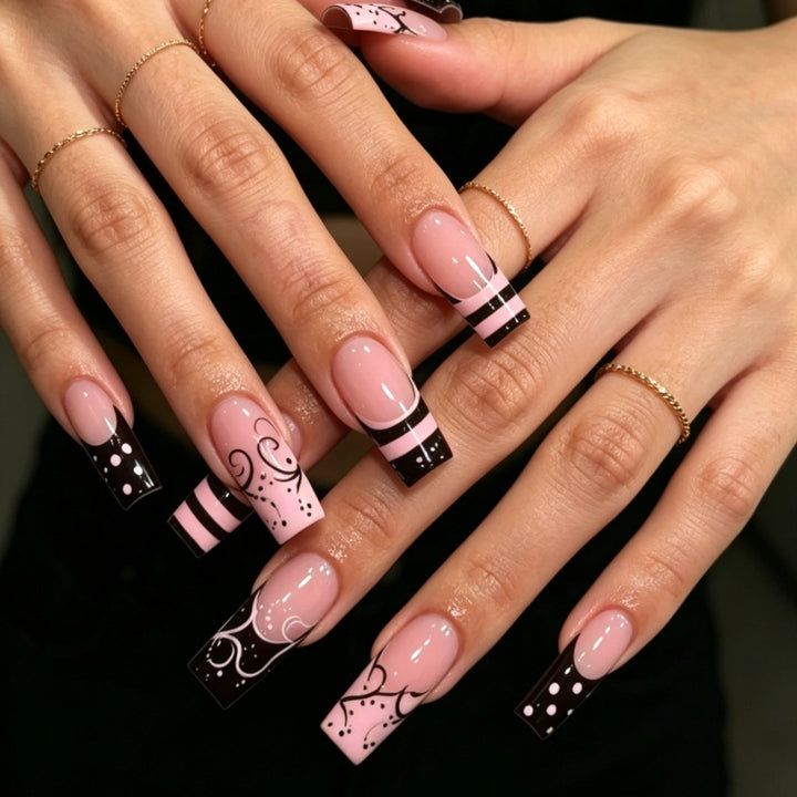 Artistic Long Square Press-On Nails with Whimsical Patterns Stornfield