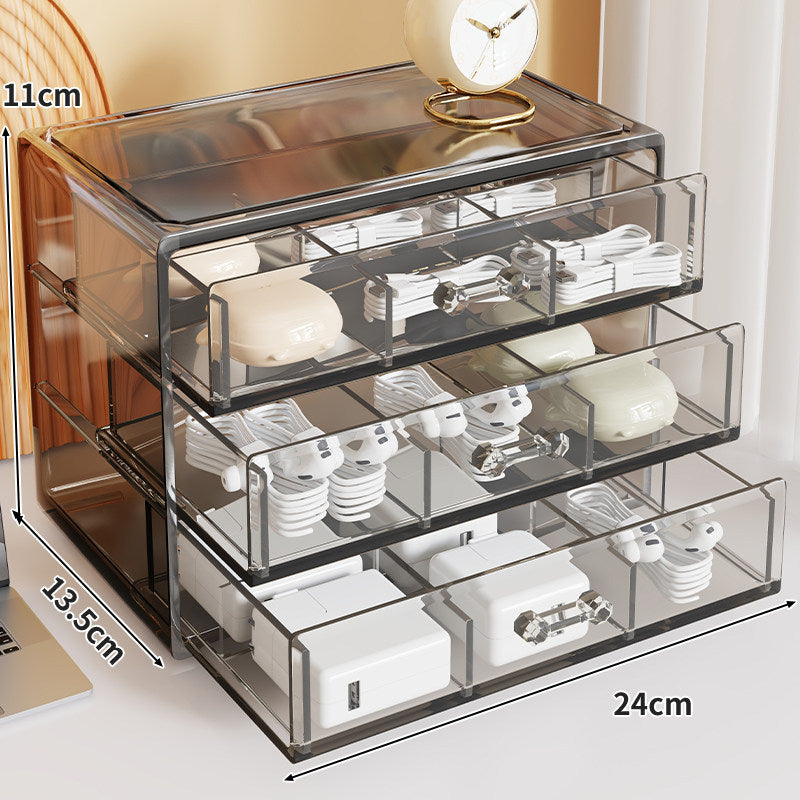 Three-Drawer Clear Acrylic Desktop Cable Charger and Earbud Organizer with Dividers