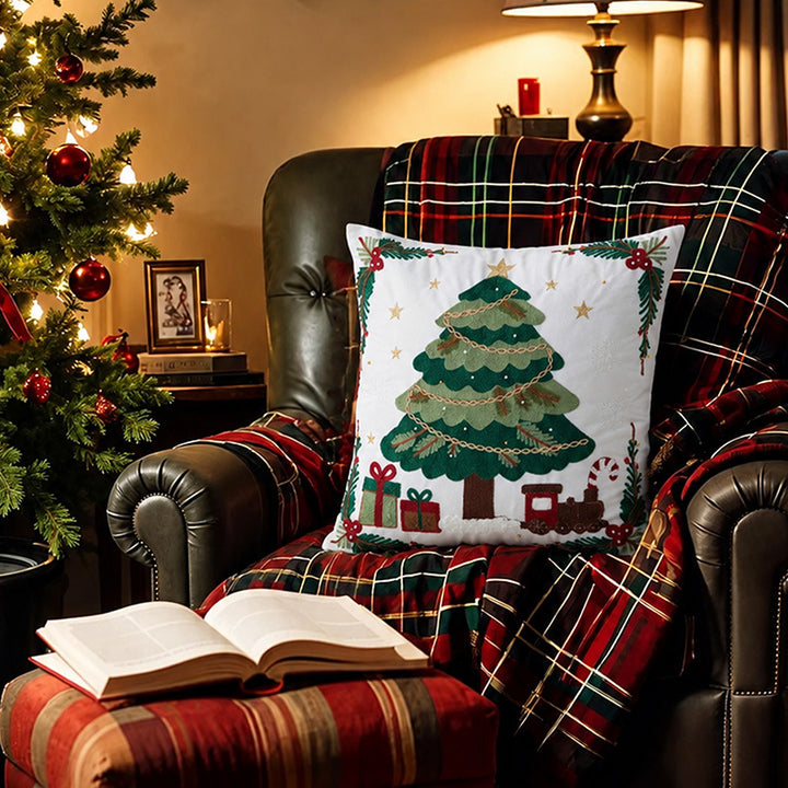 Embroidered Christmas cushion cover with reindeer and pine branch motif Stornfield