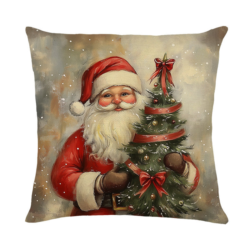 Festive Santa Illustration Cotton-Linen Square Throw Pillow Cover