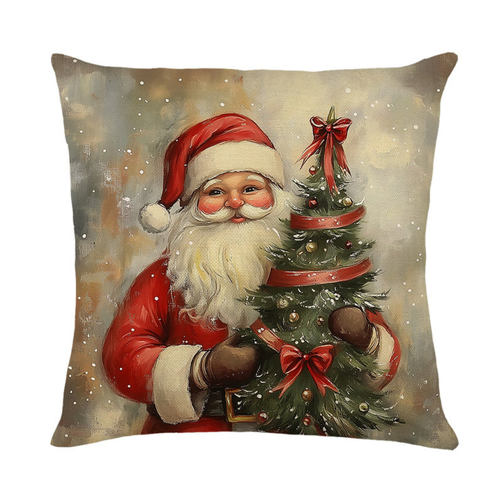 Festive Santa Illustration Cotton-Linen Square Throw Pillow Cover