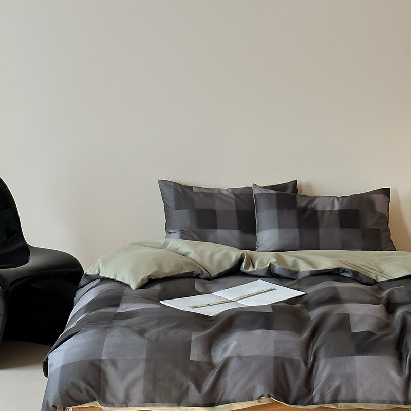Reversible cotton satin duvet cover set with geometric square jacquard and concealed zipper