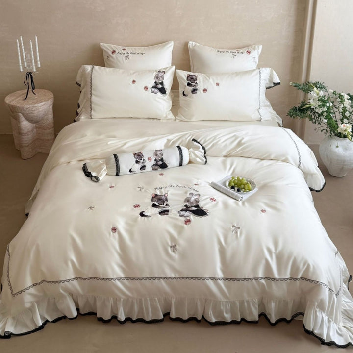 Embroidered Ruffled Satin-Feel Duvet Cover Set with Animal Appliqué & Decorative Bolster
