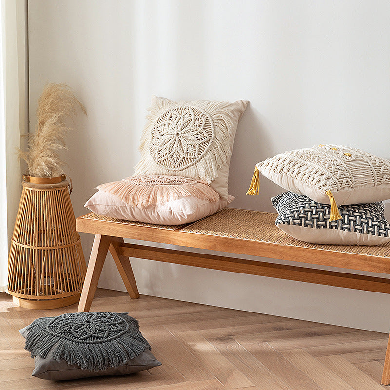 Decorative macrame pillow cover with mandala application and fringes Stornfield