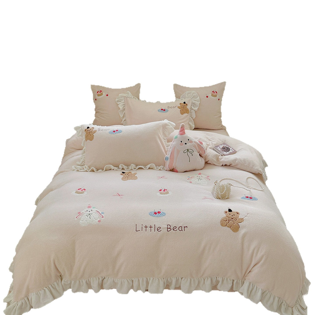 Bedding set with plush surface, ruffled hem and cute embroidery designs