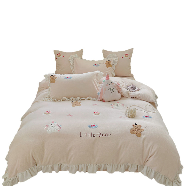Bedding set with plush surface, ruffled hem and cute embroidery designs