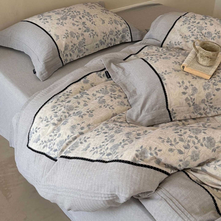 Floral Washed-Linen Cotton Blend Duvet Cover Set with Quilted Top and Piped Shams