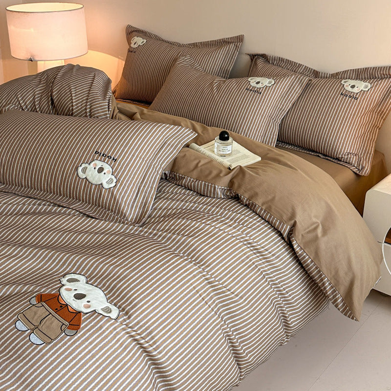 Green Striped Cotton-Rich Duvet Cover Set with Embroidered Koala and Reversible Brown Lining