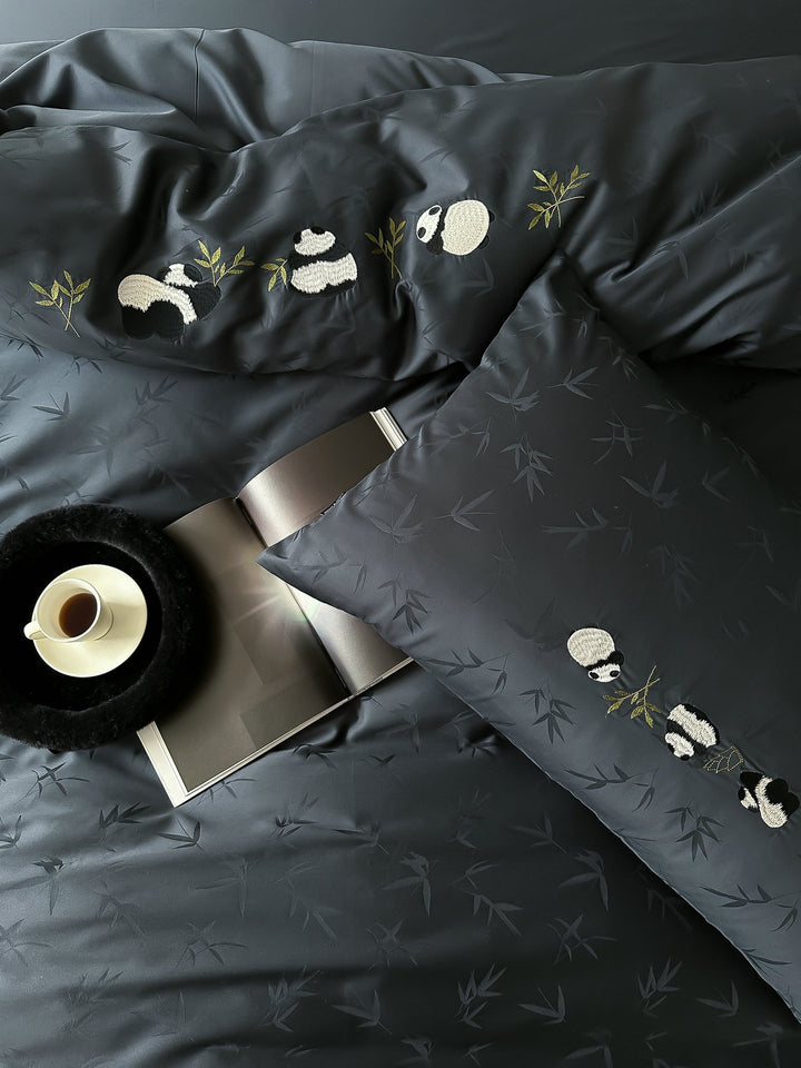 finely woven cotton satin bedding set with panda embroidery and bamboo jacquard