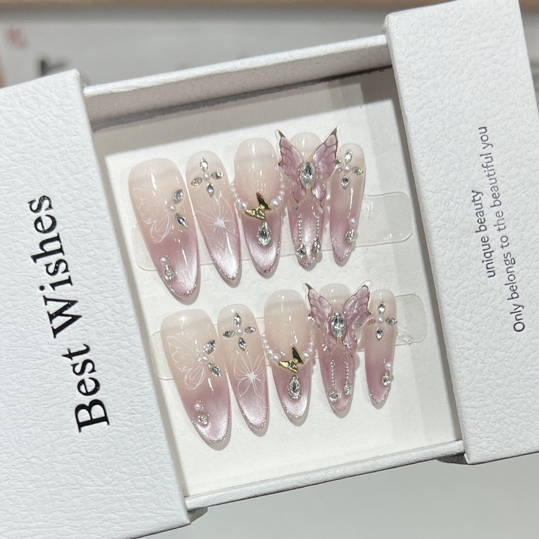 Artistic Stiletto Press-On Nail Design Set with Butterfly and Gemstone Accents Stornfield