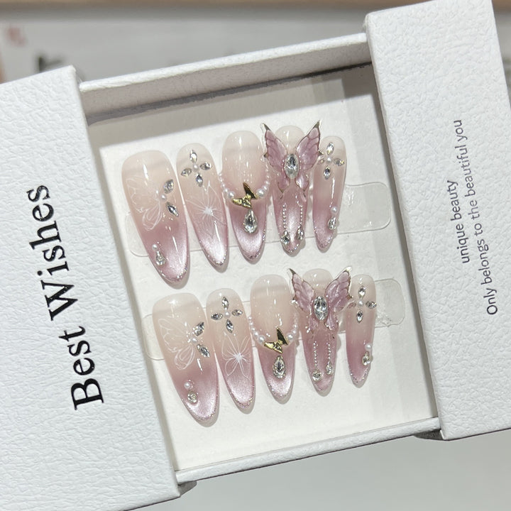 Artistic Stiletto Press-On Nail Design Set with Butterfly and Gemstone Accents Stornfield