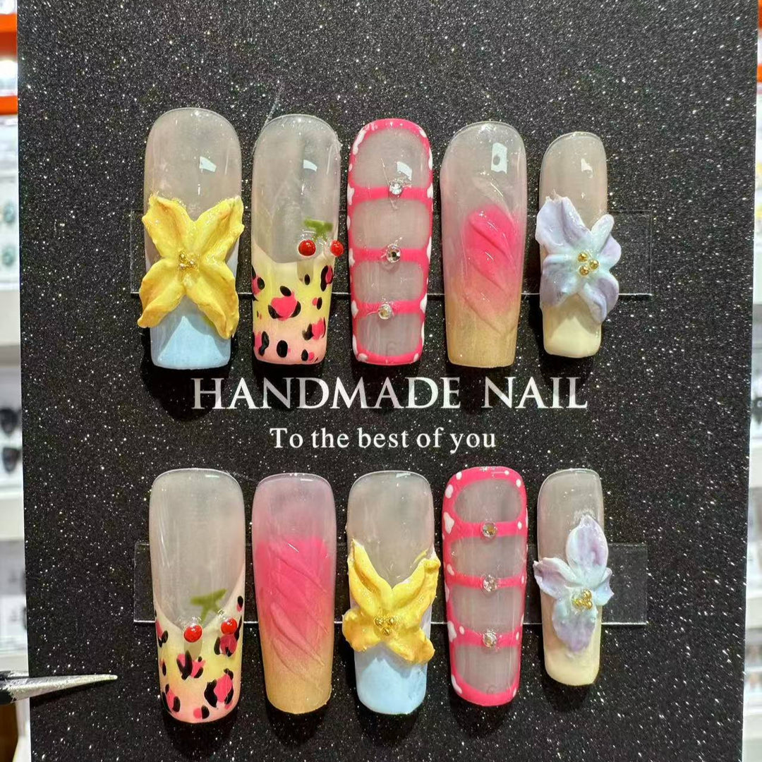 Artistic Floral Press-On Nail Set with Decorative Elements