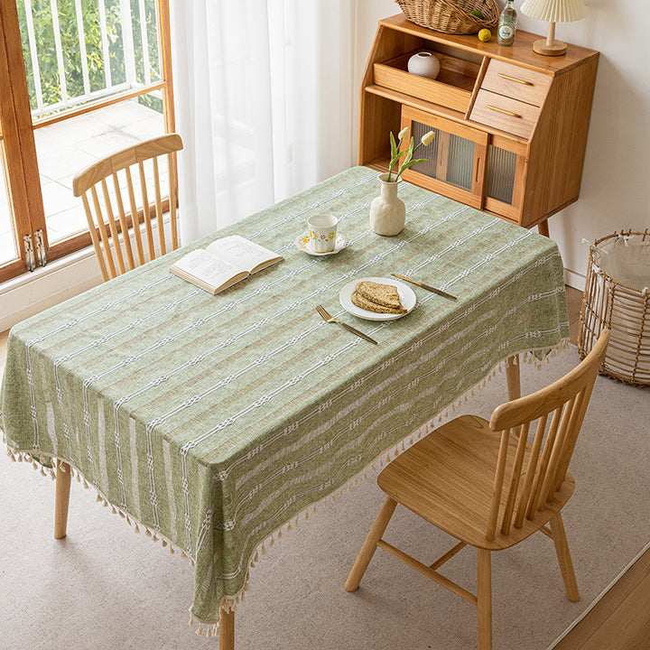 Rectangle Cotton-Linen Woven Fringe Tassel Tablecloth for Dining Table