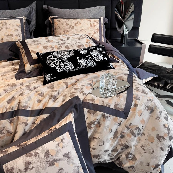 Jacquard-Patterned Reversible Duvet Cover Set with Satin Trim and Decorative Pillow Shams