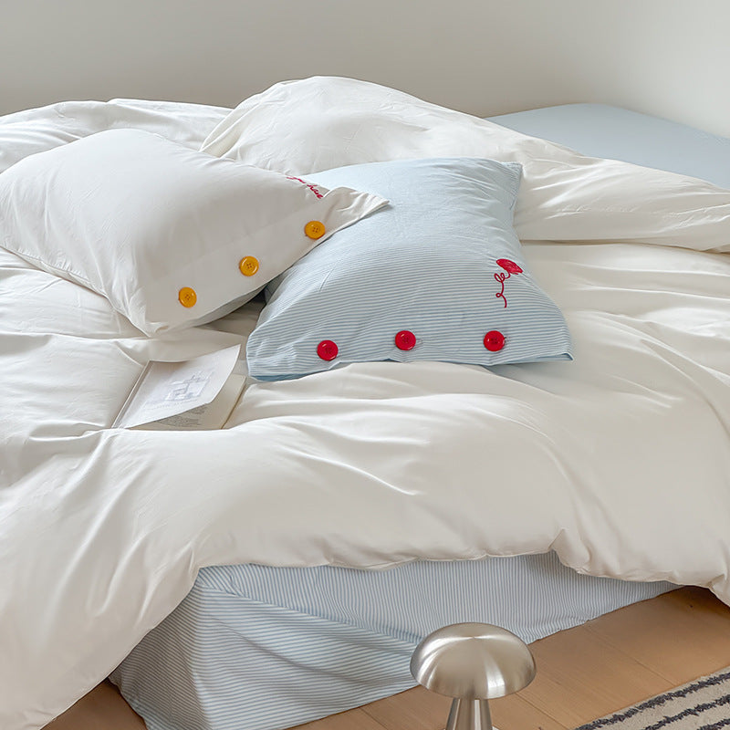 Cotton Sateen Reversible Duvet Cover Set with Embroidered Button Accents and Deep-Pocket Fitted Sheet