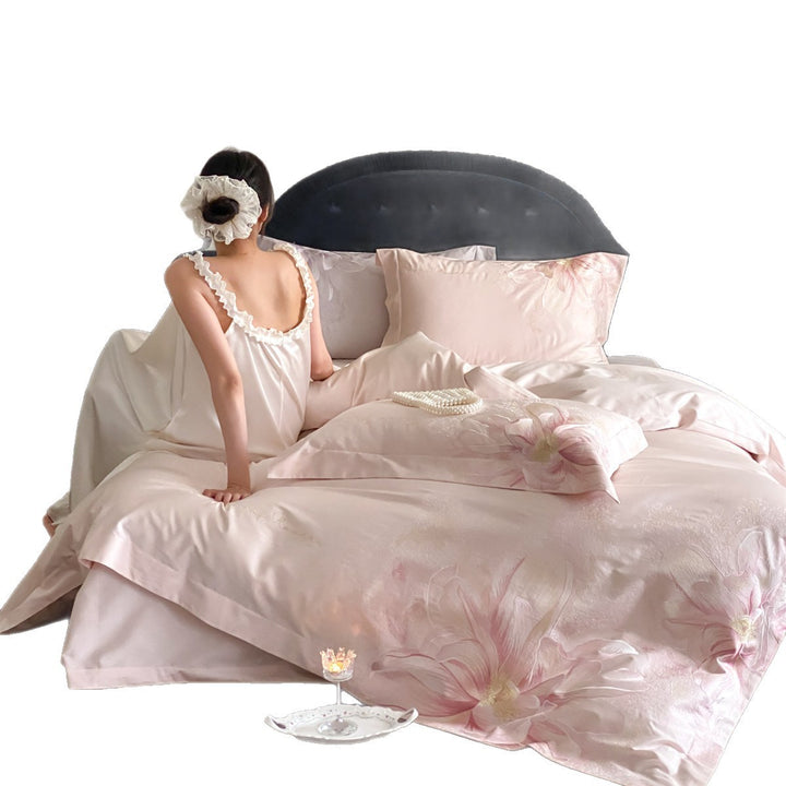 Ultra-Soft Silk-Feel Floral Jacquard Duvet Cover Set with Embroidered Blossom Motif