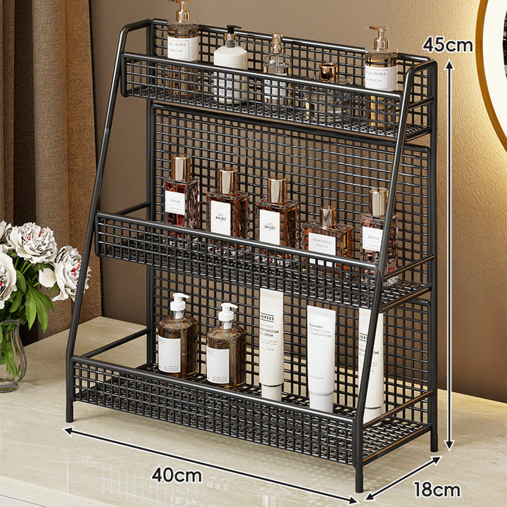 Two-Tier Metal Grid Countertop Vanity Organizer Shelf with Raised Front Lip