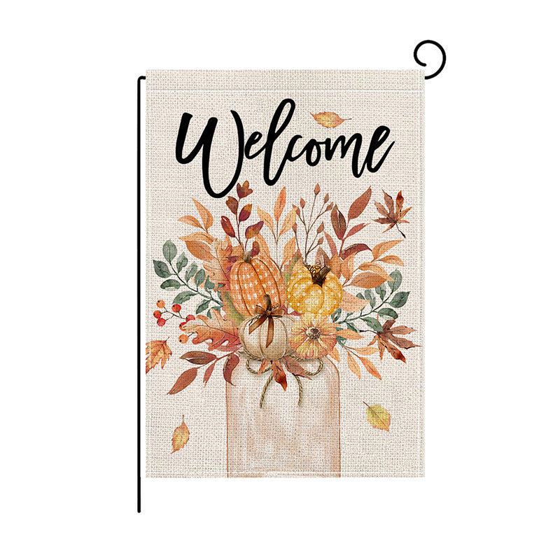Double-Sided Burlap-Texture Autumn Garden Flag with Hand-Illustrated Pumpkins and 'Happy Fall' Typography