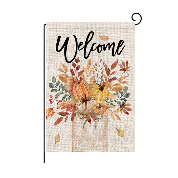 Double-Sided Burlap-Texture Autumn Garden Flag with Hand-Illustrated Pumpkins and 'Happy Fall' Typography