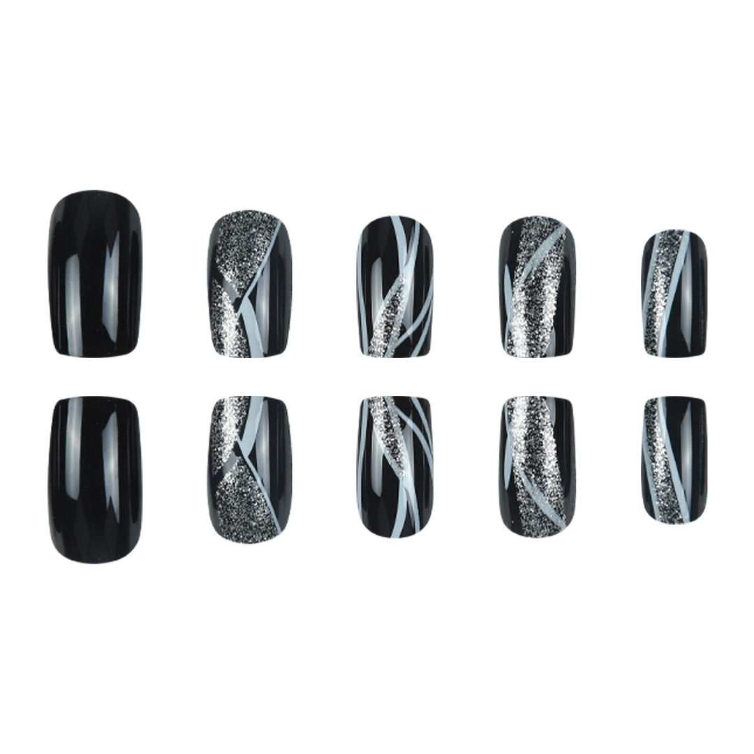 Stylish Press-On Nail Art with Glitter and Geometric Design Stornfield