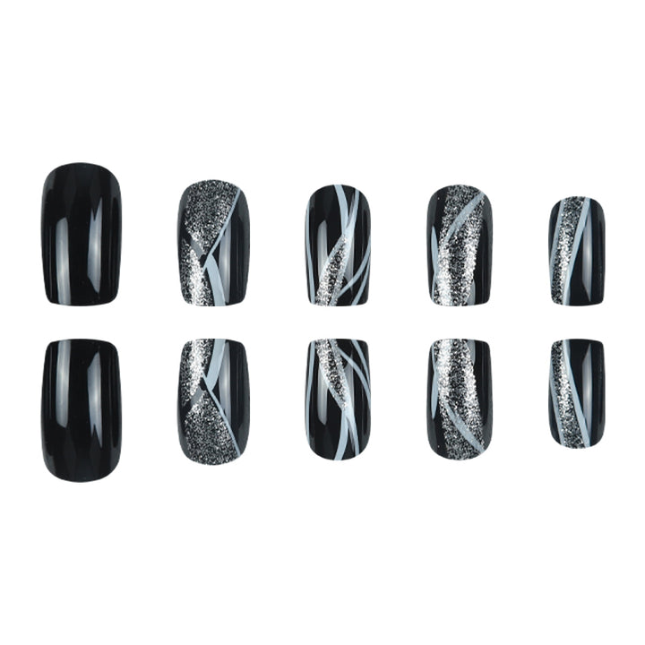 Stylish Press-On Nail Art with Glitter and Geometric Design Stornfield
