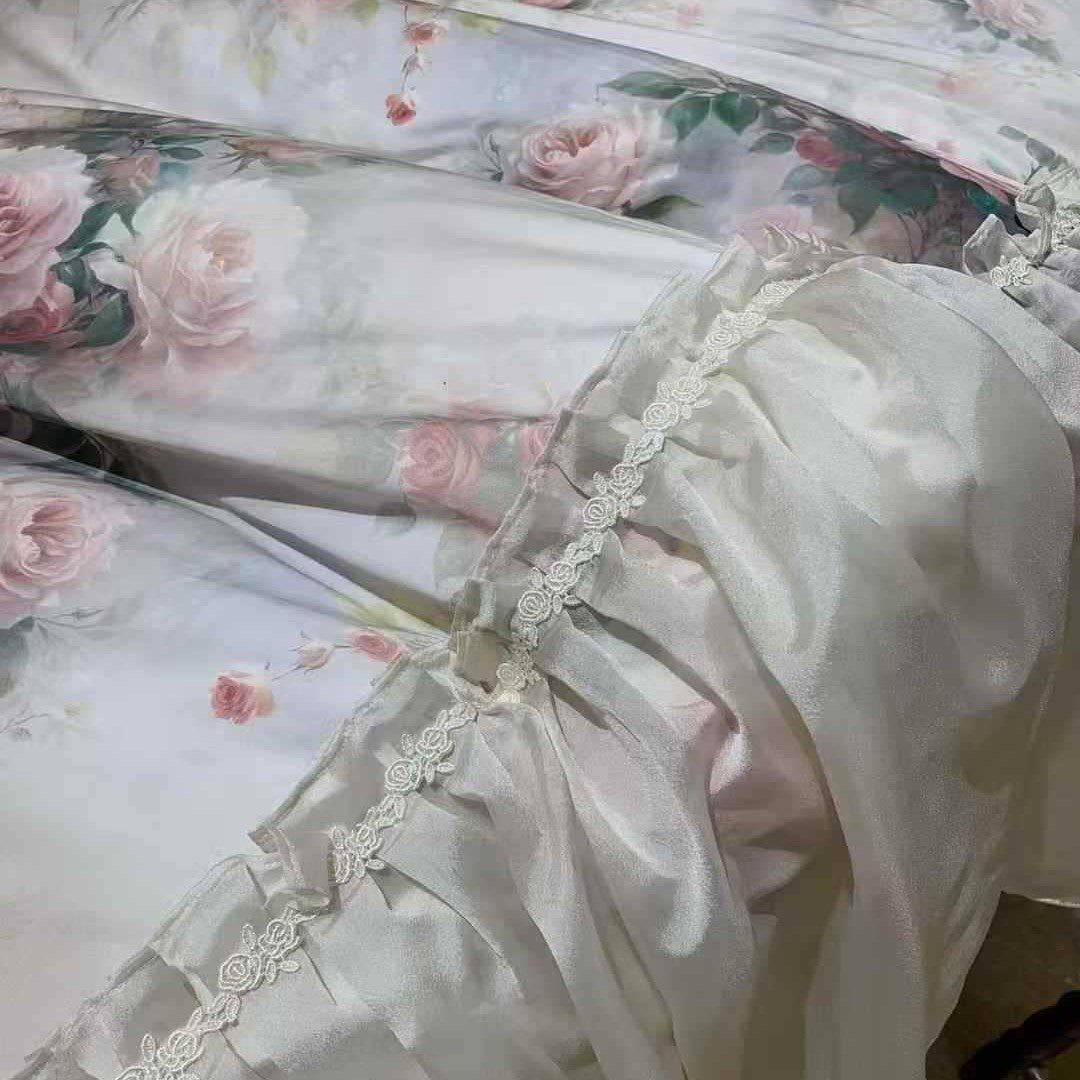 Floral Satin-Blend Ruffled Duvet Cover Set with Pillow Shams and Sheer Bed Skirt