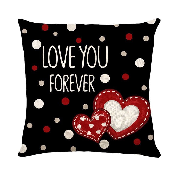Decorative Square Cotton-Linen Throw Pillow Cover Heart 'Love' Illustration with Plaid Bow and Botanical Accents
