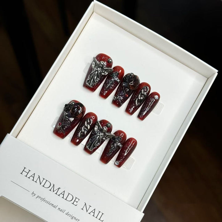 Artistic Press-On Nail Set with 3D Gothic Accents