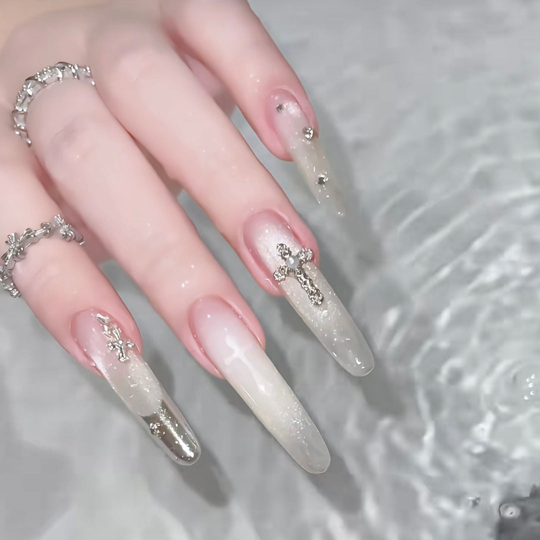 Elegant Decorative Press-On Nail Set with Rhinestone Cross Accents Stornfield
