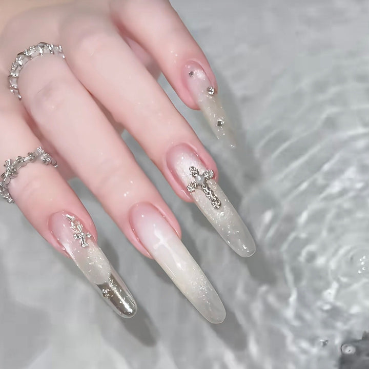 Elegant Decorative Press-On Nail Set with Rhinestone Cross Accents Stornfield