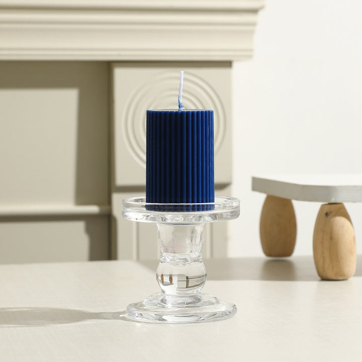 Ribbed Column Pillar Candle with Glass Pedestal Holder