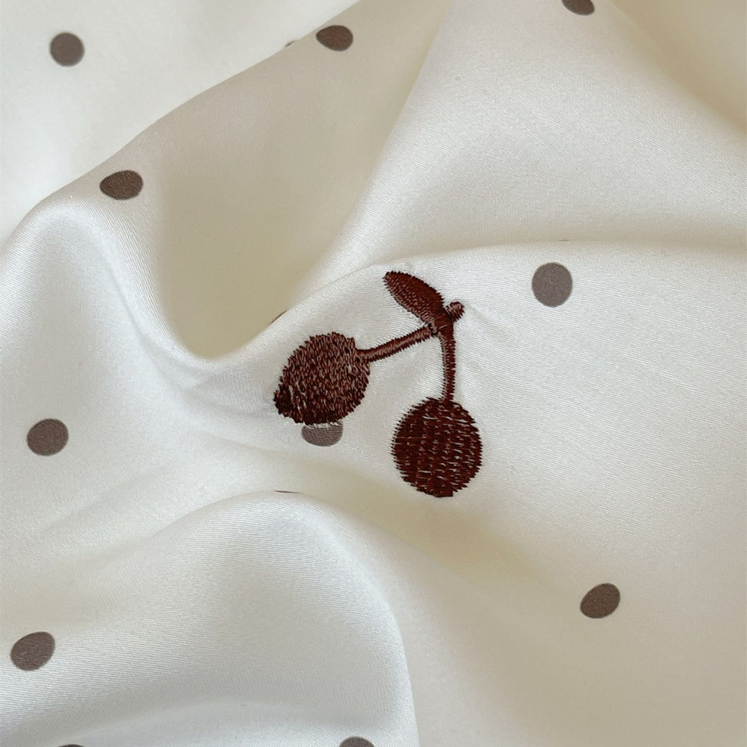 Polka Dot & Cherry Cotton Sateen Duvet Cover Set with Ruffled Hem and Reversible Back