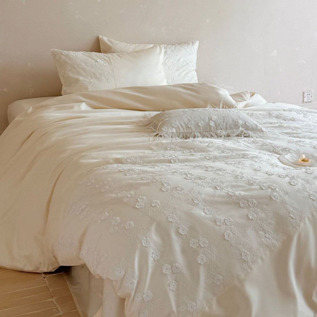 Embroidered Microflower Cotton-Sateen Duvet Cover Set with Feather-Trim Cushion