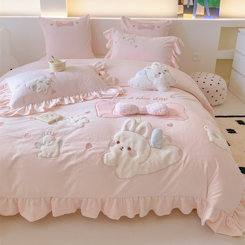Ruffled Embroidered Bunny Appliqué Cotton Duvet Cover Set with Pillow Shams