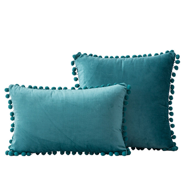 Velvet Pom-Pom Fringe Square and Lumbar Decorative Throw Pillow Set