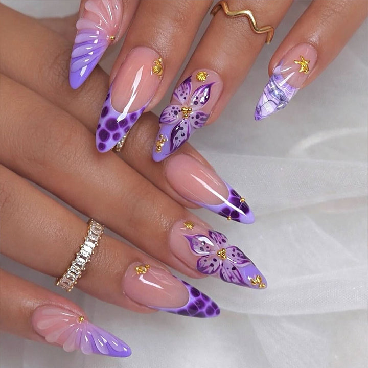 Stylish artificial nails with floral and geometric elements Stornfield