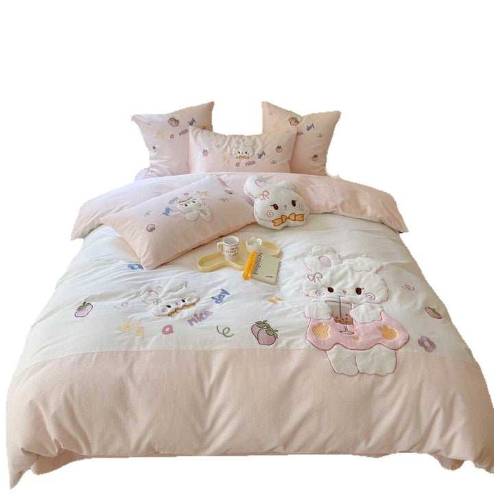 Cotton Embroidered Bunny Duvet Cover and Pillowcase Bedding Set