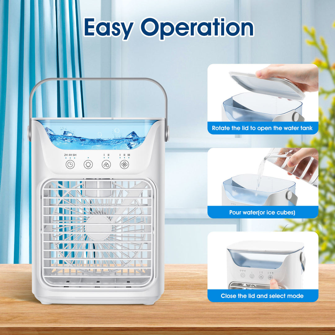 Cooling portable evaporative air cooler with refillable water reservoir adjustable louvers quiet fan and carry handle Stornfield