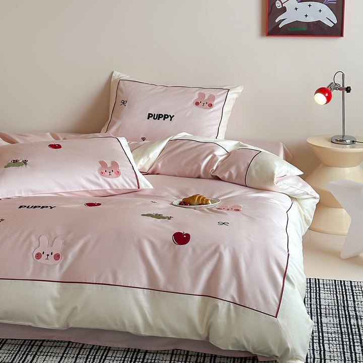 Cartoon Embroidered Cotton Sateen Duvet Cover Set with Piped Edge and Pillow Shams
