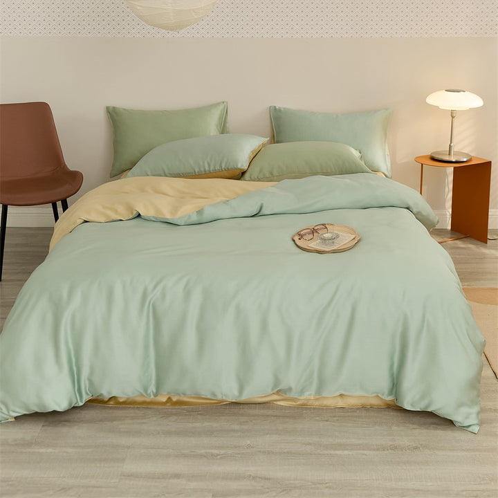 Reversible satin bedding set with a silky glossy feel and skin-friendly cotton blend
