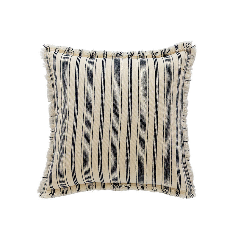 Striped Coastal-Inspired Cotton Square Pillow Cover with Fringed Edge and Concealed Zip