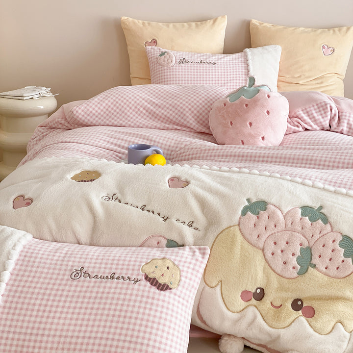 Reversible Plush Strawberry Embroidered Duvet Cover Set with Gingham Sheet & Pillow Shams
