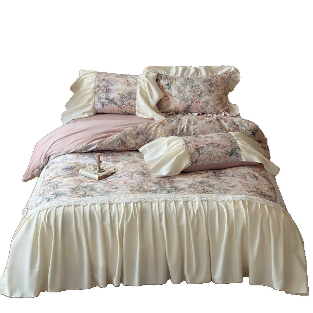 Romantic bedding set with ruffles and satin bed skirt