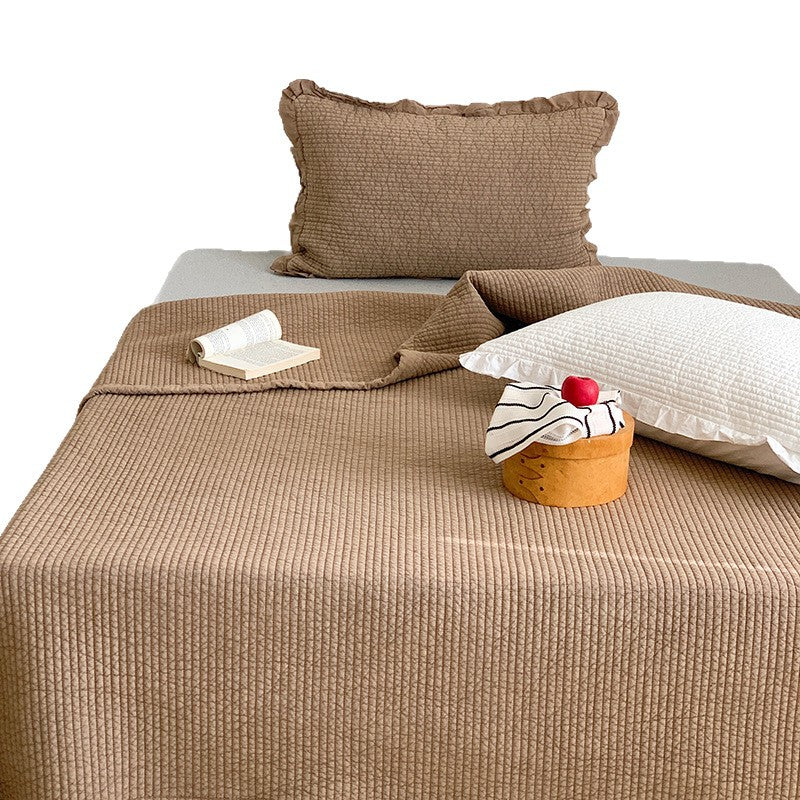 Textured Ribbed Quilted Bedspread Set with Ruffled Edge Pillow Shams