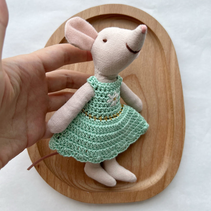 Miniature Hand-Sewn Linen Mouse Soft Toy with Crocheted Dress