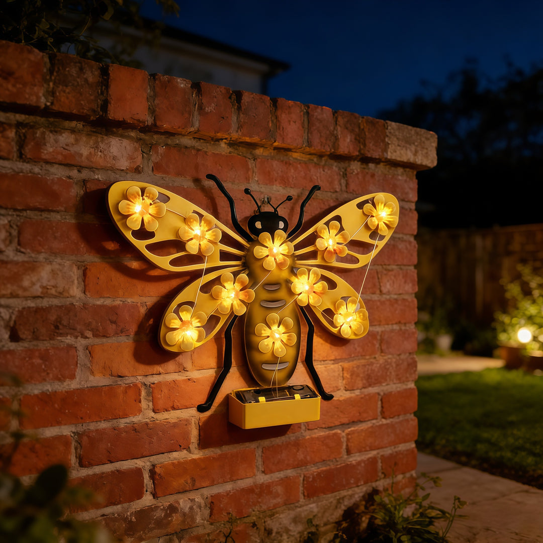Decorative Solar LED Bee Wall Sculpture With Floral String Lights And Metal Mount Stornfield