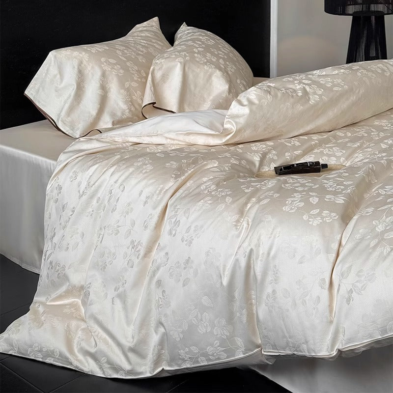 Subtle Floral Jacquard Duvet Cover Set with Piped Oxford Shams & Hidden Zipper