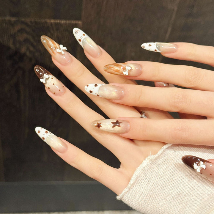 Decorative Press-On Nail Art Set with Unique Bow and Star Designs