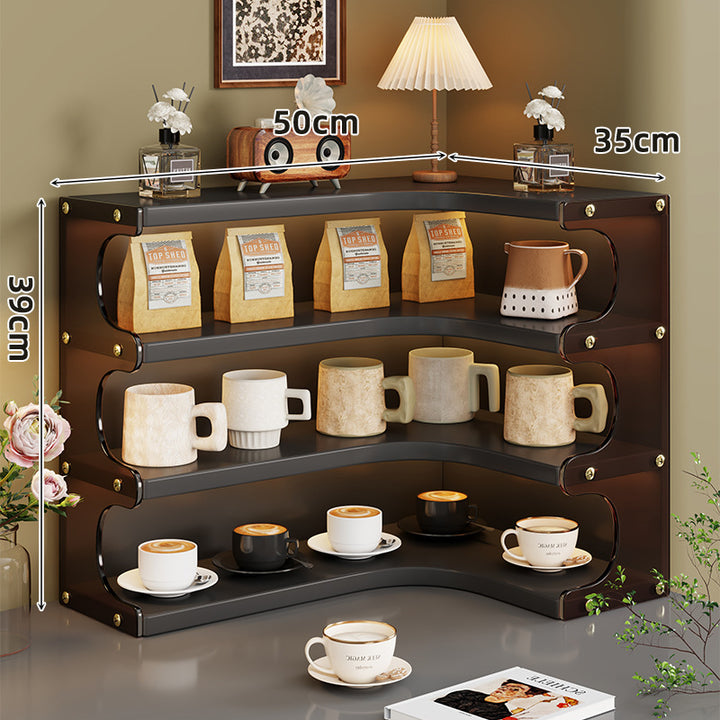 Corner Triple-Tier Wooden Countertop Display Shelf Organizer with Curved Shelves and Brass Accents